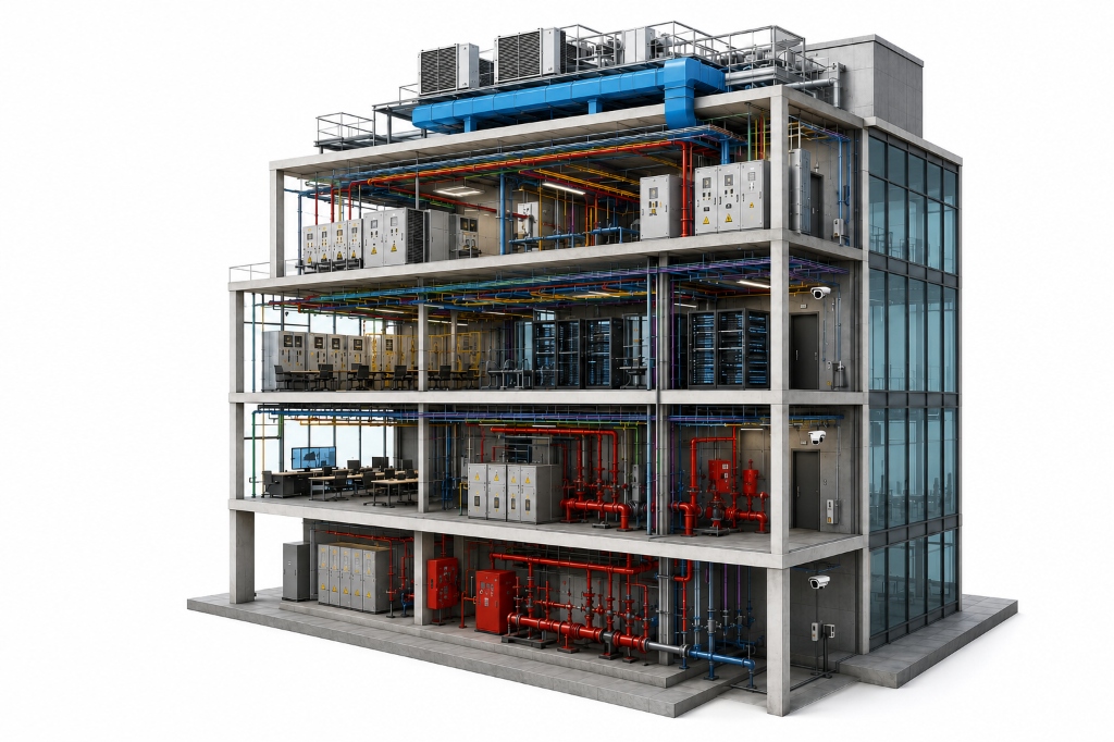 Cutaway view of a building showing electrical, HVAC, fire fighting and ELV systems